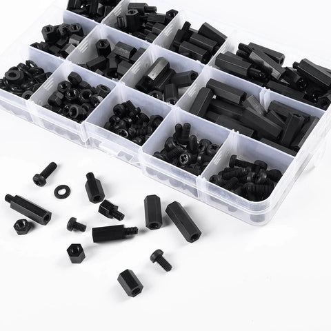 350Pcs M3 Nylon Hex Spacer Standoff Kit with male and female spacers, screws, nuts for PCB circuit board assemblies in black