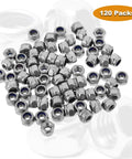 120 Piece M3 Nylon Insert Hex Lock Nuts Self Locking Kit, stainless steel nuts spread on a white surface, 120 packs label.
