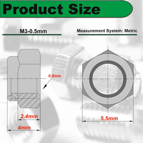 Diagram showing dimensions for M3 Nylon Inserted Lock Nuts Set, 115 Pcs Self Locking Hex Nuts With Nylon Insert, 4mm height, 5.5mm width.