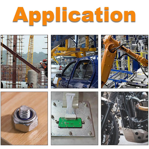 Collage showing applications for 120 Piece M3 Nylon Insert Hex Lock Nuts Self Locking Kit, including construction, automotive, electronics, and machinery.