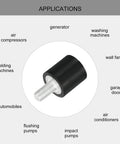 Compact M3 thread rubber mount for vibration isolation, shown with applications like air compressors and generators, featuring 8x8mm cylindrical design and M3x6mm stud.