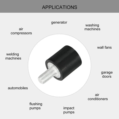 Compact M3 thread rubber mount for vibration isolation, shown with applications like air compressors and generators, featuring 8x8mm cylindrical design and M3x6mm stud.