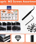 600 Pcs M3 Screws Assortment Kit 6-30mm Alloy Steel Hex Socket Head Bolts Nuts Washers in storage box with tools