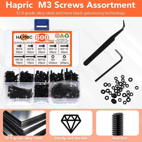 600 Pcs M3 Screws Assortment Kit 6-30mm Alloy Steel Hex Socket Head Bolts Nuts Washers in storage box with tools