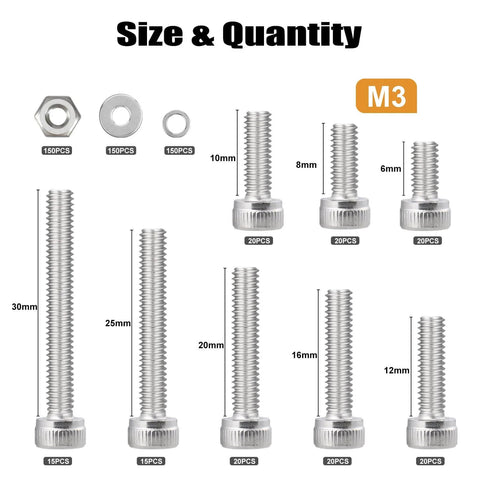 600Pcs M3 Screw Assortment Kit 8 Sizes 6mm to 30mm For 3D Printer DIY Stainless Steel Hex Socket Screws Nuts Washers display