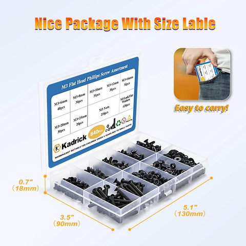 840 Pieces M3 Screws And Fasteners Set Carbon Steel Zinc Plated Countersunk Flat Head Phillips Bolts displayed in labeled box