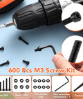 600 Pcs M3 Screws Assortment Kit 6-30mm shown with drill, hex wrench, and screws, nuts, washers, alloy steel