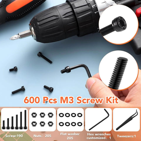 600 Pcs M3 Screws Assortment Kit 6-30mm shown with drill, hex wrench, and screws, nuts, washers, alloy steel