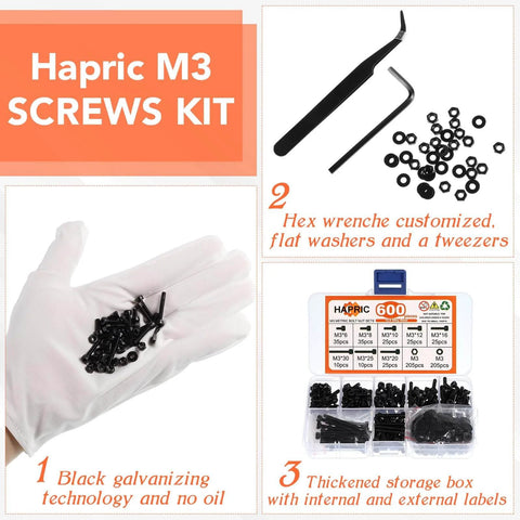 600 Pcs M3 Screws Assortment Kit 6-30mm Alloy Steel Hex Socket Head Bolts Nuts Washers with tools and storage box