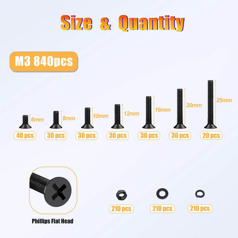 840 Pieces M3 Screws And Fasteners Set Carbon Steel Zinc Plated Countersunk Flat Head Phillips Bolts Washers 6mm To 25mm size chart