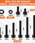 600 Pcs M3 Screws Assortment Kit 6-30mm Alloy Steel Hex Socket Head Bolts Nuts Washers, sizes labeled with quantities