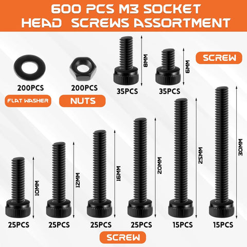 600 Pcs M3 Screws Assortment Kit 6-30mm Alloy Steel Hex Socket Head Bolts Nuts Washers, sizes labeled with quantities