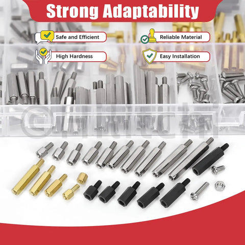 All In One M3 Spacer Standoff Kit With Screws And Nuts For PCB And Motherboard Assembly Including Nylon And Nickel Plated Standoffs And Brass Nuts For Pro Grade DIY Electronics Gear shown with brass, nickel, and nylon components.