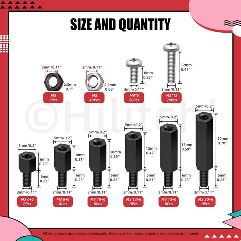 Image showing size and quantity chart of the All In One M3 Spacer Standoff Kit With Screws And Nuts For PCB And Motherboard Assembly Including Nylon And Nickel Plated Standoffs And Brass Nuts For Pro Grade DIY Electronics Gear.