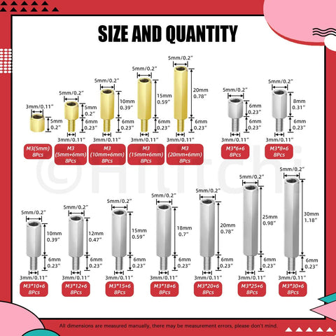 All In One M3 Spacer Standoff Kit With Screws And Nuts For PCB And Motherboard Assembly Including Nylon And Nickel Plated Standoffs And Brass Nuts For Pro Grade DIY Electronics Gear with size and quantity details.