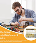 Man assembling electronics with 320 Pcs M3 Standoff Screws And Nuts Kit With Brass Female To Female Standoffs, 6 10 15 20mm box.