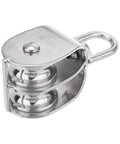 M32 Double Pulley Block, Stainless Steel Swivel Rigging Lifting Wheel Fixed Pulley, close-up view showing double sheave and 360° swivel ring.