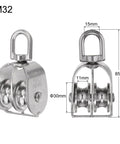 M32 Double Pulley Block, Stainless Steel Swivel Rigging Lifting Wheel fixed pulley with dimensions, side and front view