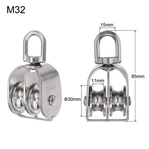 M32 Double Pulley Block, Stainless Steel Swivel Rigging Lifting Wheel fixed pulley with dimensions, side and front view