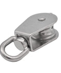 Close-up of a 2Pcs M32 Single Pulley Block, 304 stainless steel, featuring a wheel and 360-degree swivel ring, for 551Ibs load.