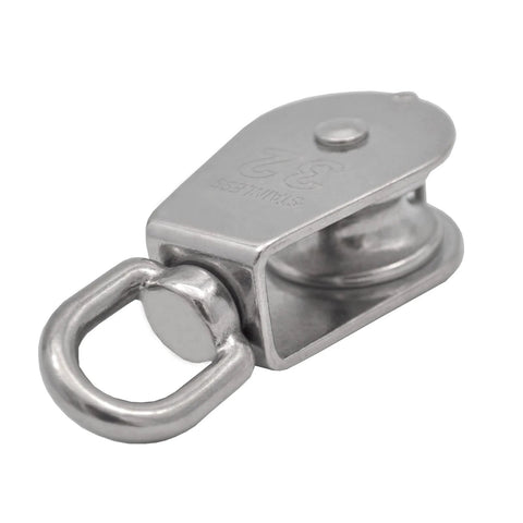 Close-up of a 2Pcs M32 Single Pulley Block, 304 stainless steel, featuring a wheel and 360-degree swivel ring, for 551Ibs load.