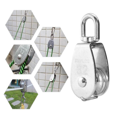 4Pcs M32 Single Pulley Block Creatiee-Pro Heavy Duty 304 Stainless Steel Pulley Roller Crane Swivel Hook installed on ropes