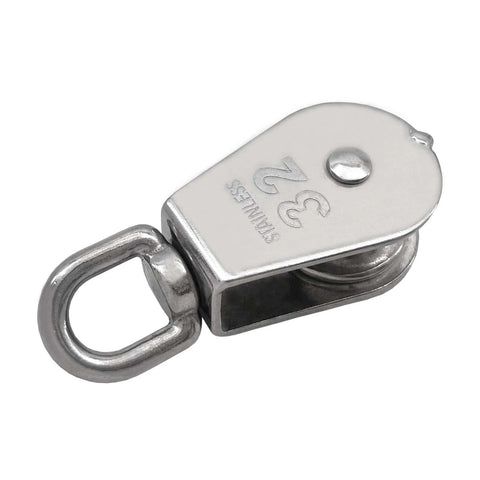 2Pcs M32 Single Pulley Block, 304 Stainless Steel Wire Rope Hanging Wire Towing Wheel Loading 551Ibs, close-up view