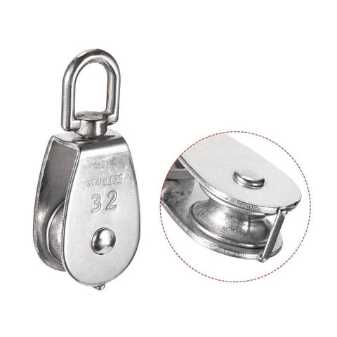 Front view of 6 Pack M32 Stainless Steel Wire Rope Crane Pulley Block 551lbs Lifting Crane Swivel Hook Single Pulley Block