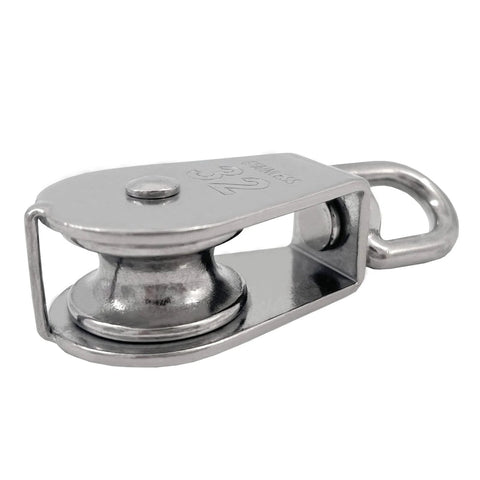 Side view of 2Pcs M32 Single Pulley Block, 304 Stainless Steel Wire Rope Hanging Wire Towing Wheel Loading 551Ibs