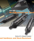 Close-up of 6 Piece M35 HSS 60 Degree Center Drill Bit Set showing wear-resistant and durable features with cobalt coating