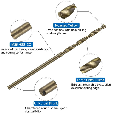Close-up of a roasted yellow 1.6mm twist drill bit with large spiral flutes, universal shank, and M35 HSS-CO material details.