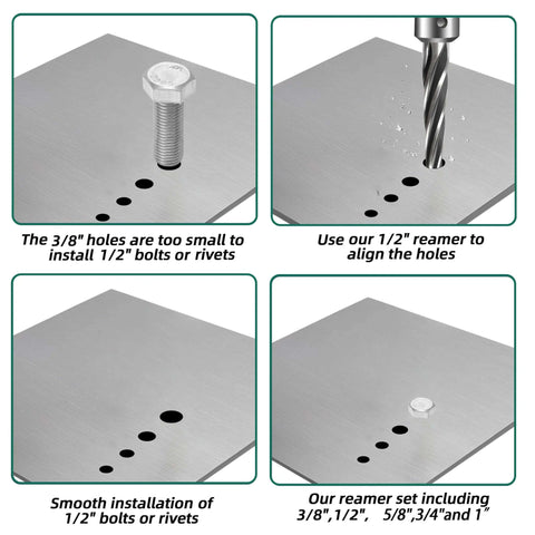 Pro Grade 5 Piece M35 HSS Taper Chucking Reamer Set For Drill And Milling demonstrating hole alignment and installation on metal