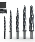 Pro Grade 5 Piece M35 HSS Taper Chucking Reamer Set for Drill and Milling, five spiral flutes, displayed with case
