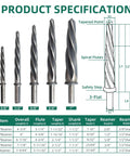 Pro Grade 5 Piece M35 HSS Taper Chucking Reamer Set For Drill And Milling Sizes Three Eighths One Half Five Eighths Three Quarters One Inch Fits Three Eighths Or One Half Inch Shank Five Spiral Flutes For Wood Metal Alloys Align And Expand Holes product image and specifications chart.