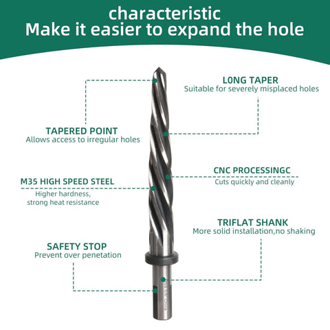 Pro Grade 5 Piece M35 HSS Taper Chucking Reamer Set showing single reamer with long taper, tapered point, and safety stop features.