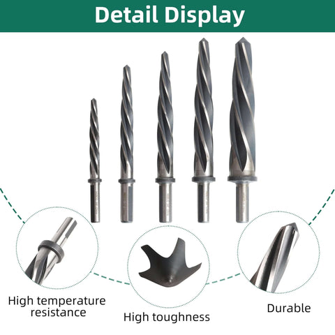 Pro Grade 5 Piece M35 HSS Taper Chucking Reamer Set for drill and milling, visible sizes three eighths to one inch, detail display