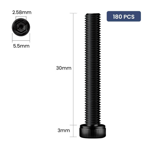 180Pcs M3 By 30mm Hex Socket Head Cap Screws 12.9 Grade Alloy Steel Black Oxide Allen Drive Full Thread With Spanner