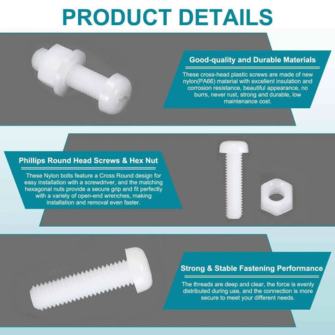 30 Piece M3x30mm Nylon PA66 Cross Round Head Bolts, Nuts, And Washers Assortment Kit details showcasing bolts and nuts.