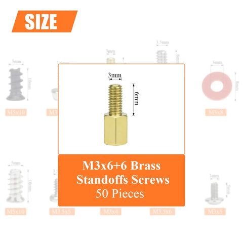 50 Pieces M3x6 6mm Male Female Hex Brass Standoffs Screws Set shown with size dimensions