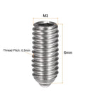 Ball Point Set Screws M3 X 6mm 304 Stainless Steel Ball Plunger Hex Socket Screws with 0.5mm thread pitch shown vertically