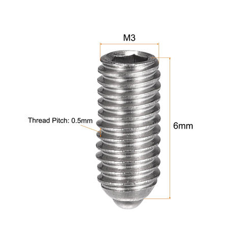Ball Point Set Screws M3 X 6mm 304 Stainless Steel Ball Plunger Hex Socket Screws with 0.5mm thread pitch shown vertically