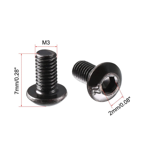 Close-up of M3x6mm Thread Button Head Hex Socket Cap Screw Bolt 100pcs showing measurements and black oxide finish.