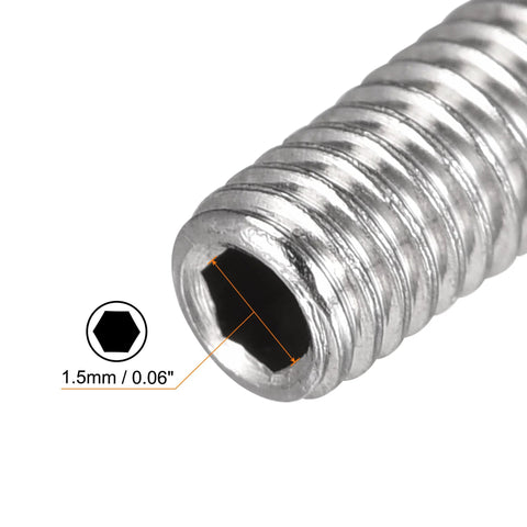 Close-up of Ball Point Set Screws M3 X 6mm 304 Stainless Steel Ball Plunger Hex Socket Screws showing hex socket width 1.5mm.