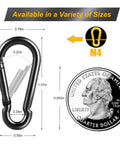 12 Pack M4 1.57 Inch Carabiner Clip Spring Snap Hook Heavy Duty Quick Link 110 Lbs Capacity next to a quarter for size comparison