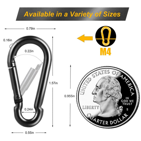12 Pack M4 1.57 Inch Carabiner Clip Spring Snap Hook Heavy Duty Quick Link 110 Lbs Capacity next to a quarter for size comparison