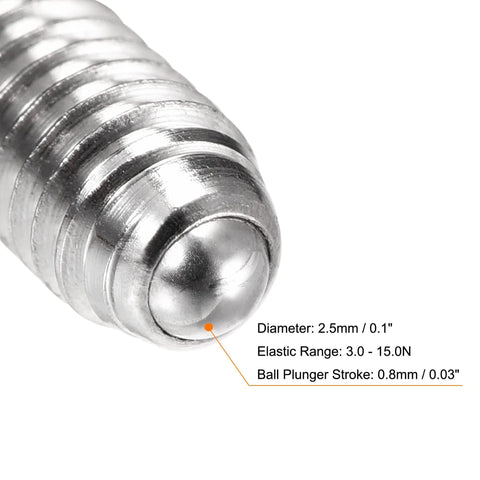 Close-up of Ball Point Set Screws M4 x 10mm 304 Stainless Steel Hex Socket Ball Plunger with threaded texture and measurements shown.