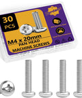 Packaging and screws of M4 x 20mm Stainless Steel Pan Head Screws 30pcs Full Thread Phillips Drive for Furniture and 3D Printer.