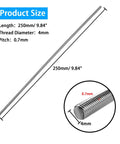 M4 250mm Fully Threaded Rod Set of Four in 304 Stainless Steel with Right Hand Threads shown with size dimensions