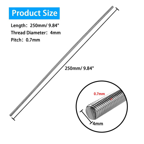 M4 250mm Fully Threaded Rod Set of Four in 304 Stainless Steel with Right Hand Threads shown with size dimensions