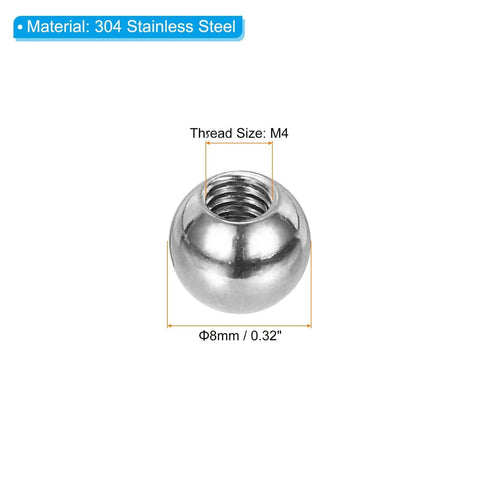 M4 By 8mm Ball Nut Knobs Set Of 8 With Female Threads In 304 Stainless Steel Silver Finish, close-up view of one knob showing M4 thread and 8mm diameter